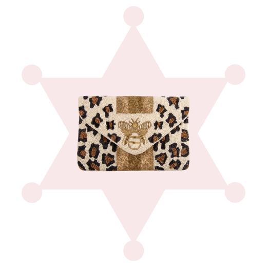 Beige Leopard & Bee crossbody clutch