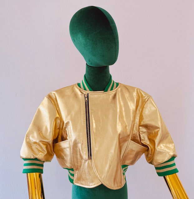 Gold Women Bomber Jacket Real Leather