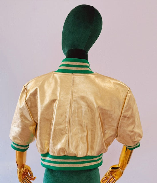 Gold Women Bomber Jacket Real Leather