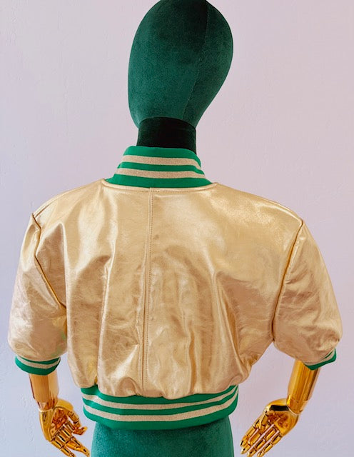 Gold Women Bomber Jacket Real Leather