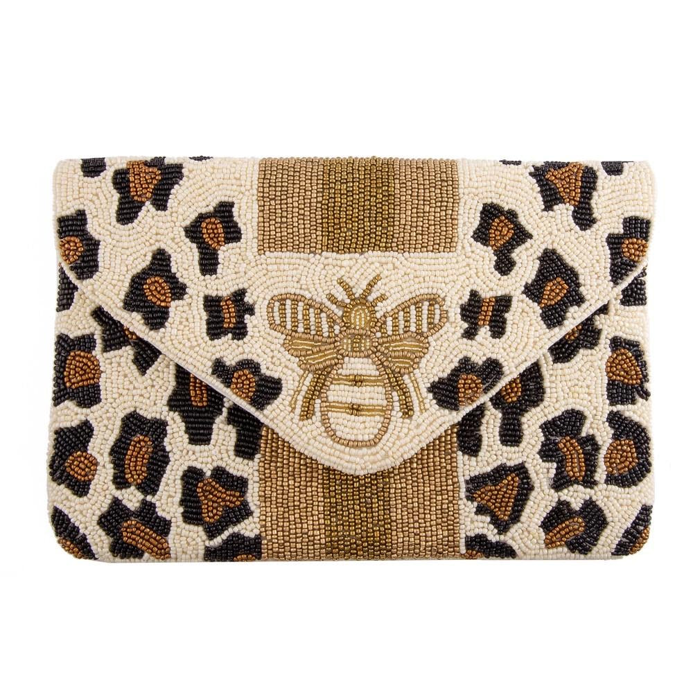 Beige Leopard & Bee crossbody clutch