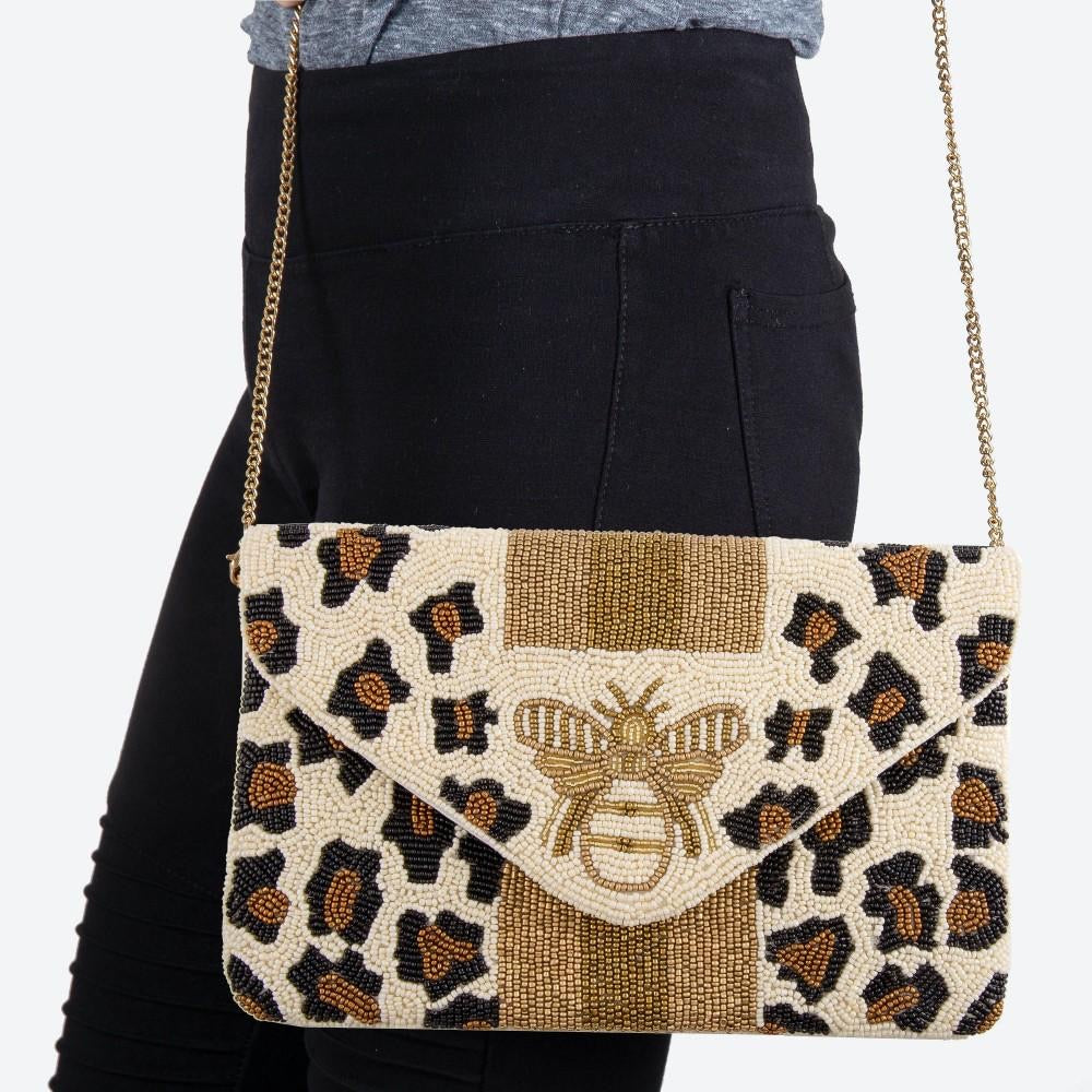 Beige Leopard & Bee crossbody clutch