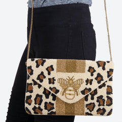 Beige Leopard & Bee crossbody clutch