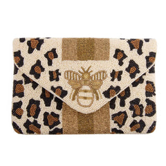 Beige Leopard & Bee crossbody clutch