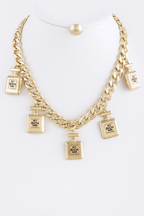 GOLD PERFUME BOTTLE CHARM NECKLACE SET